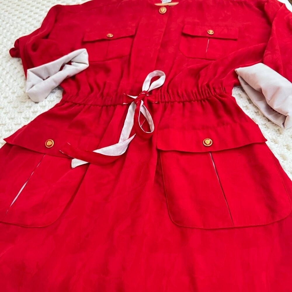 Leslie Fay Vtg Dress Holiday Red Midi Gold Preppy Button Old Money 14 Gma Santa - Picture 7 of 11